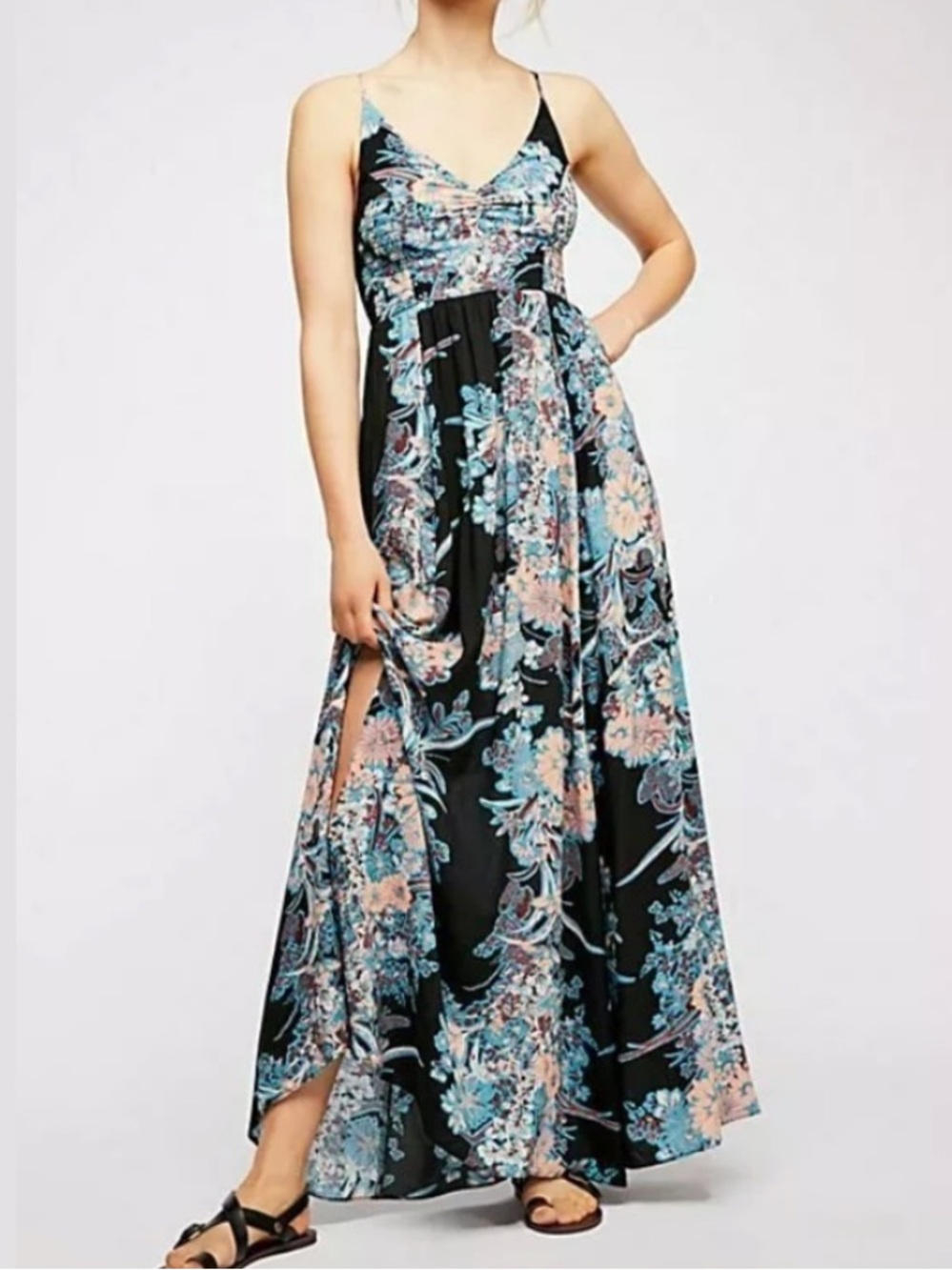 Free People Through the Vine Maxi Dress Side Slit Smocked Flowy Black Floral